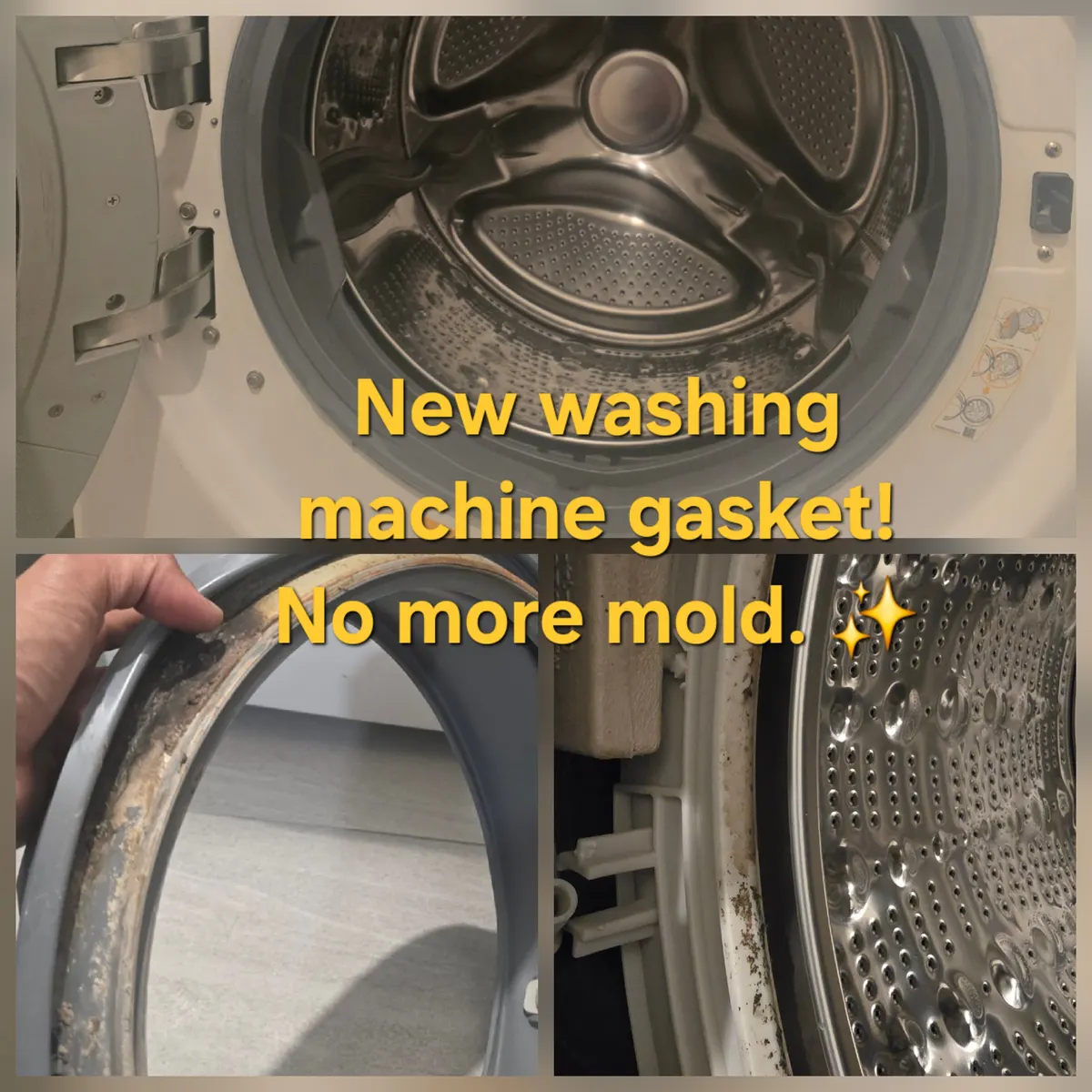 Front-load washer gasket replacement: moldy old seal versus new clean gasket