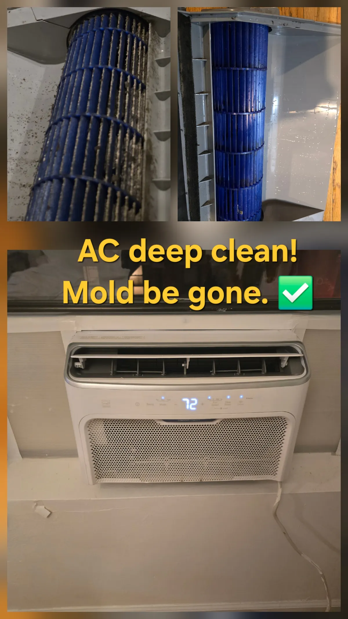Window AC deep clean: dirty blower wheel versus cleaned unit running at 72 degrees