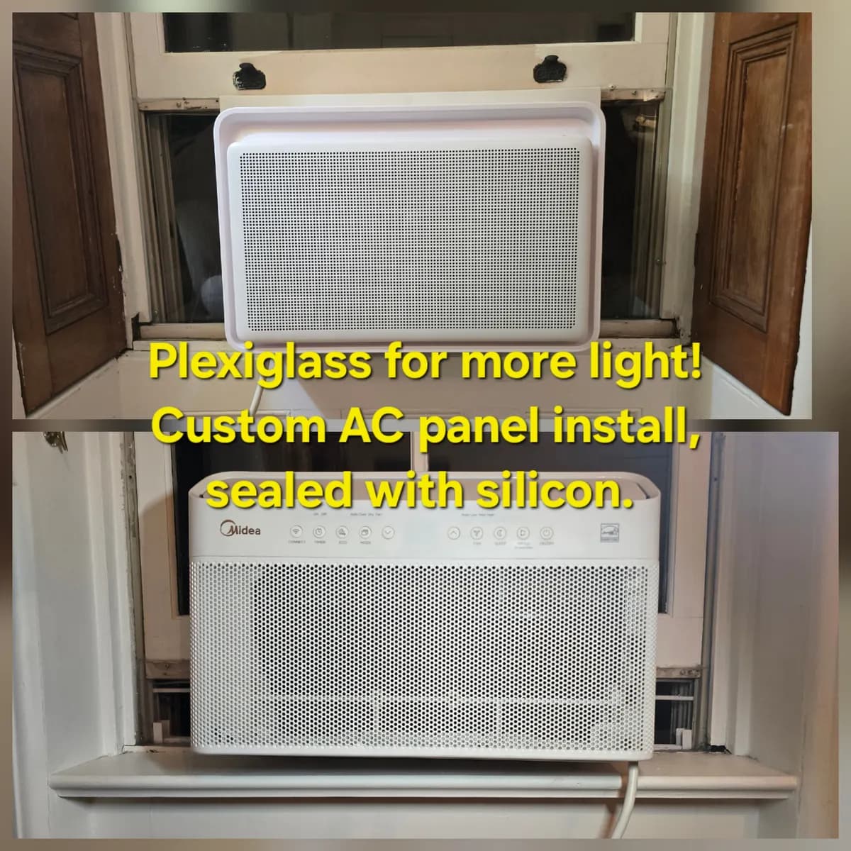 Midea window AC installed with a clear plexiglass side panel and silicone seal