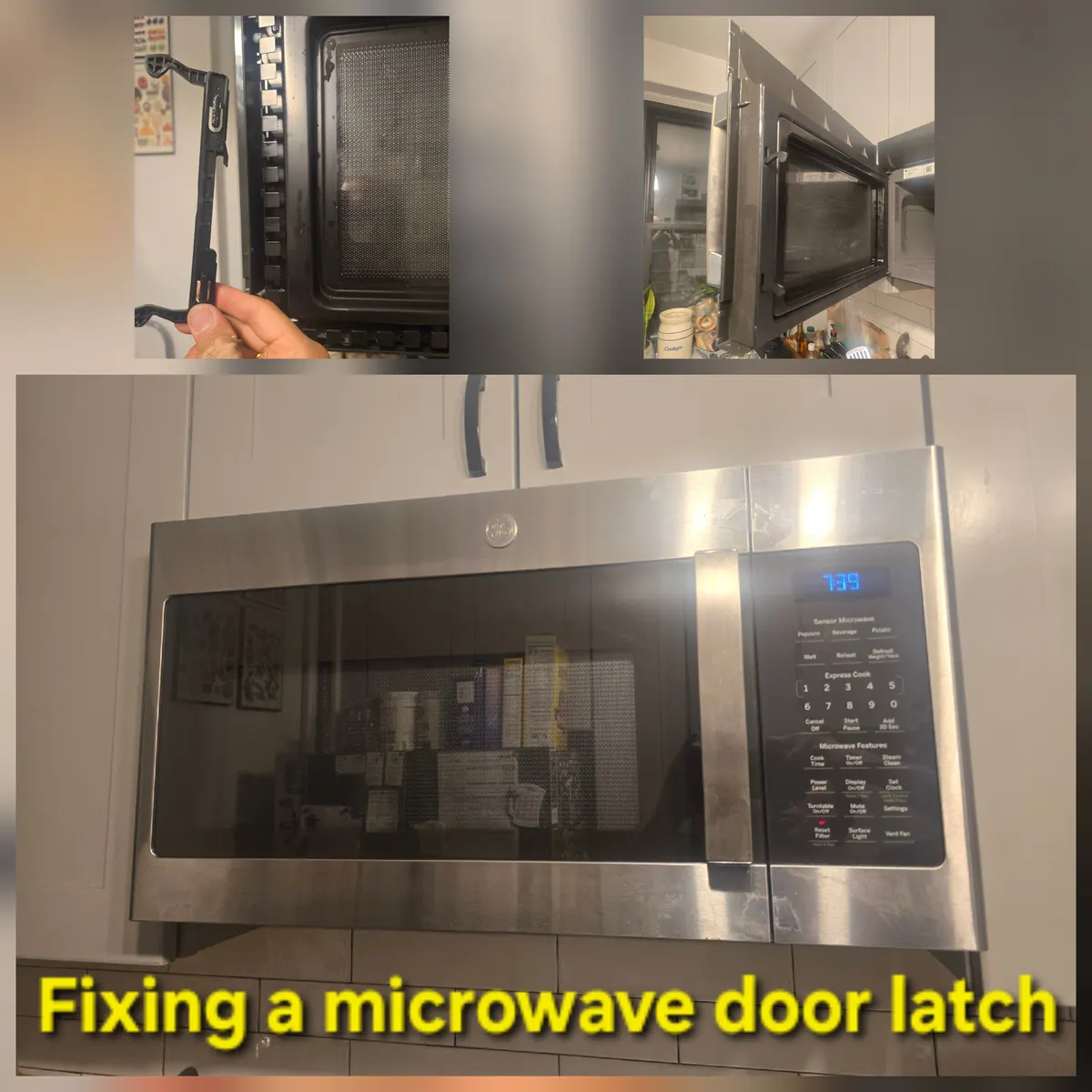 GE over-the-range microwave door latch repair, unit working after the fix