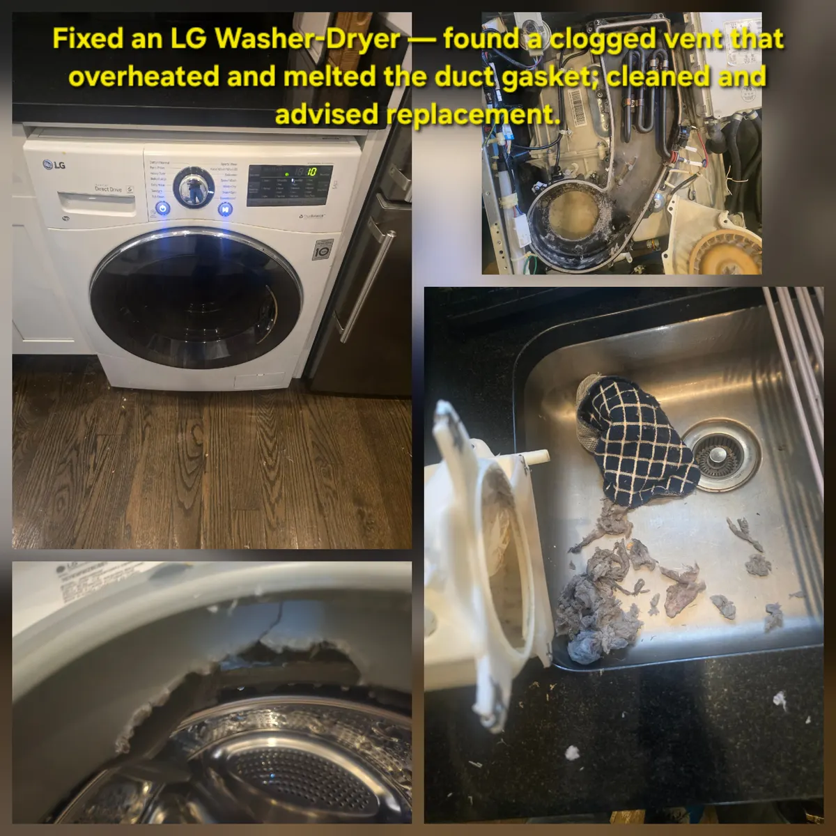 LG washer-dryer repair: clogged vent, melted duct gasket, and lint removed