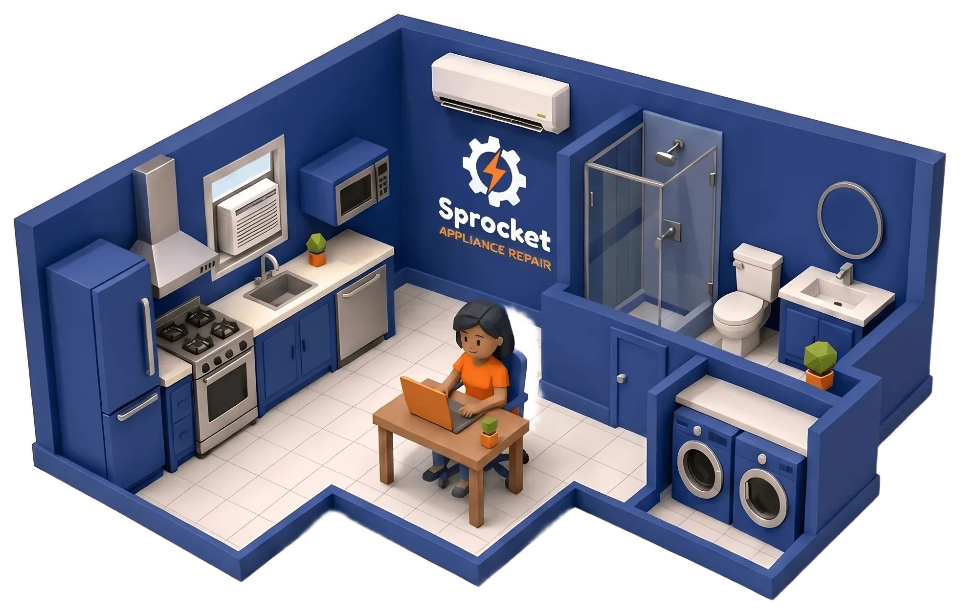 Sprocket diorama: kitchen, laundry, AC, and bathroom appliances